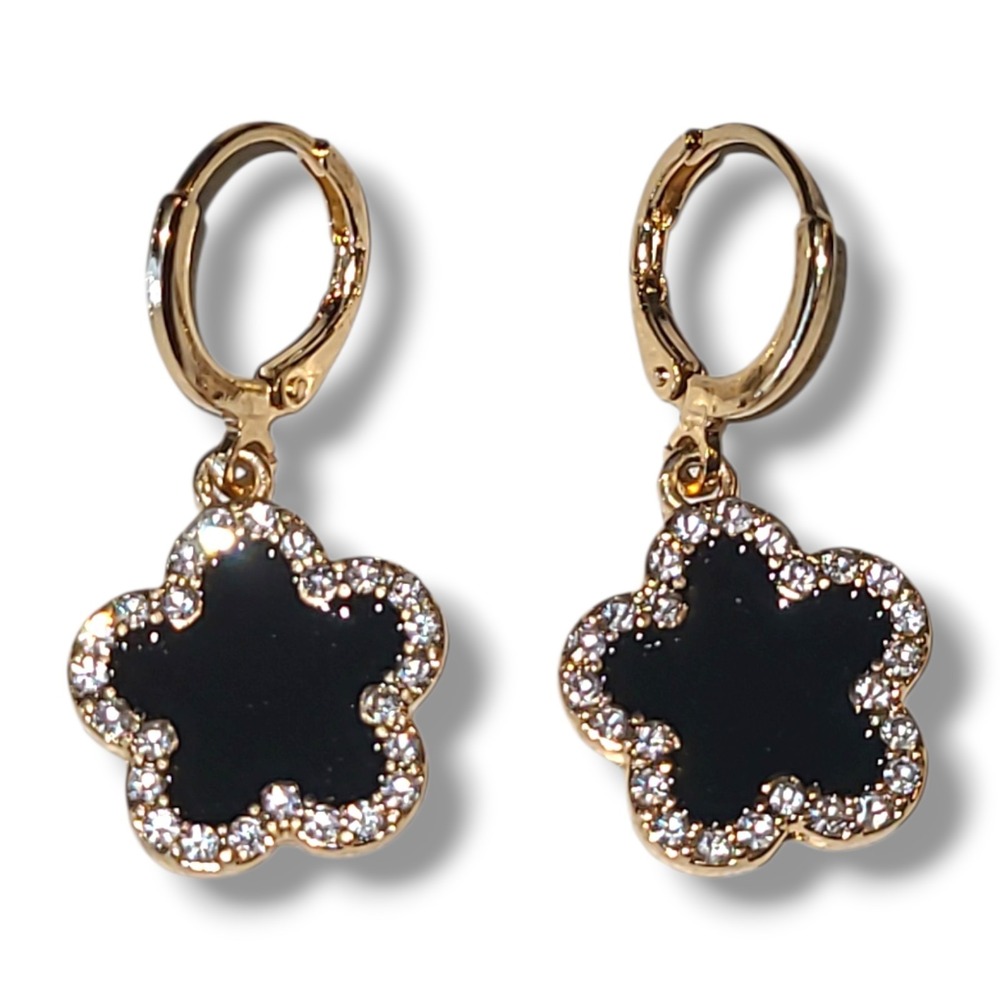 Crystal Rhinestone Quatrefoil Gold Tone Black Enamel Dangle Earrings